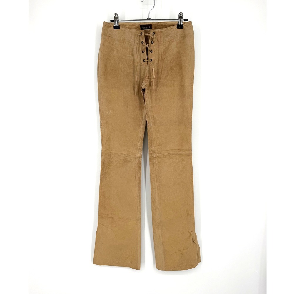NEW Guess Vintage Womens Camel Genuine Leather Lace Up Suede Pants Size 0 203241